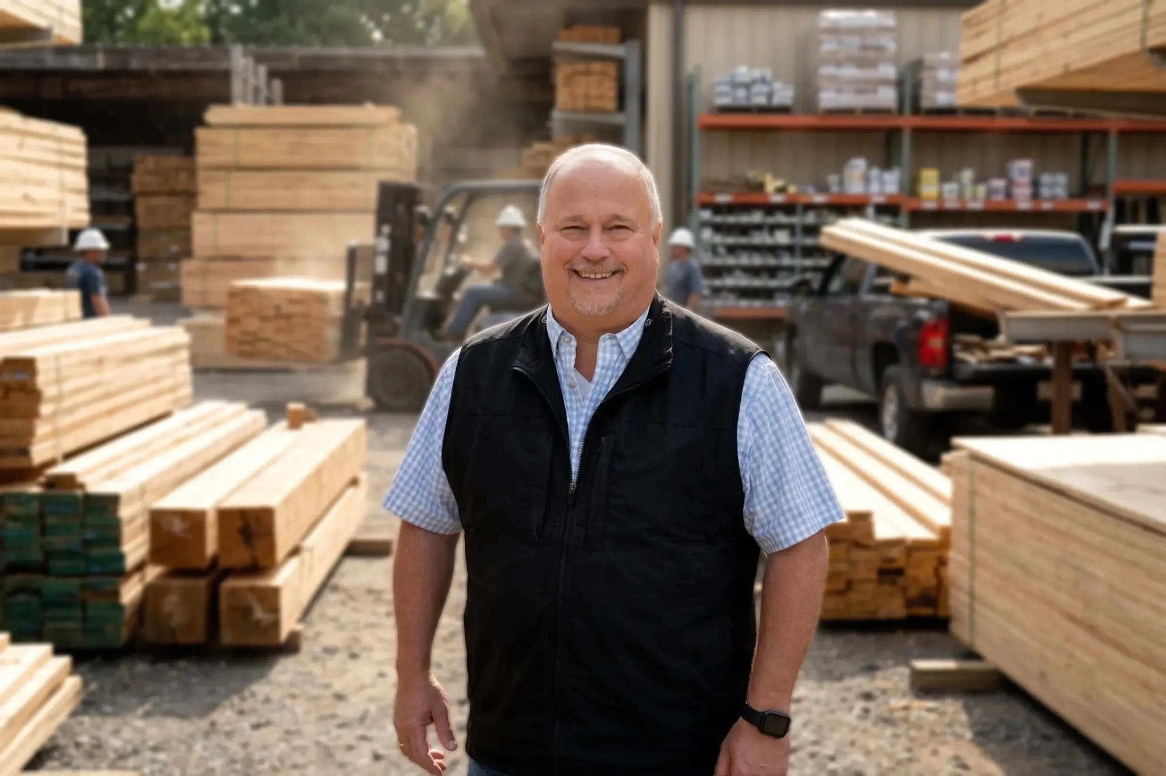 Russ Kathrein standing in a busy lumberyard
